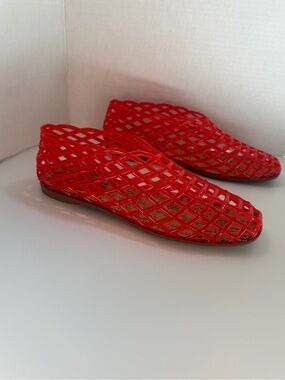 NWOT Jelly Red Woven Cage Flats Sandals Mesh Cork Footbed Red 80s Sz 41 Jellies